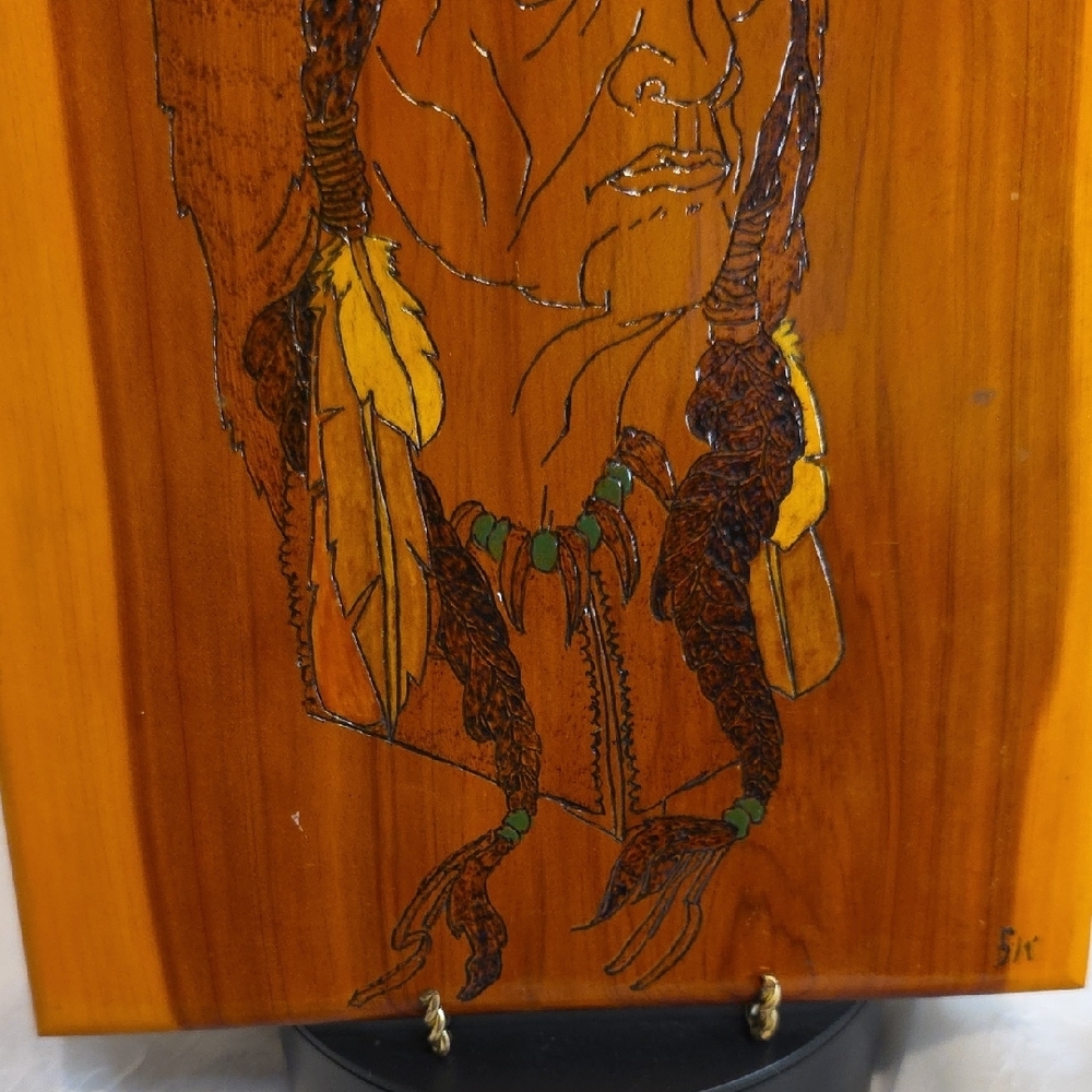 Handcrafted Wooden Art with Native American With Bear Head Dress. - Picture 5 of 11